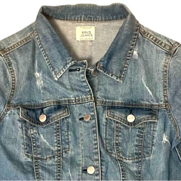 MNG Mango Denim Trucker Jacket Womens Large Blue Distressed Baddie Streetwear - Picture 2 of 10